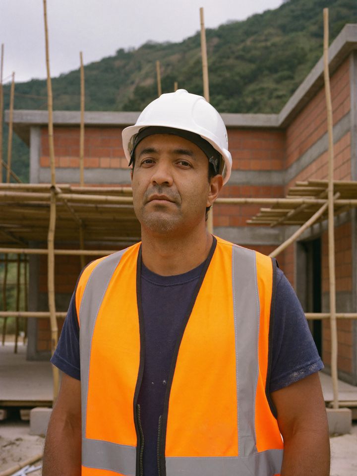 Obrero de construcción con casco blanco y chaleco reflectivo, frente a una obra de ladrillo.