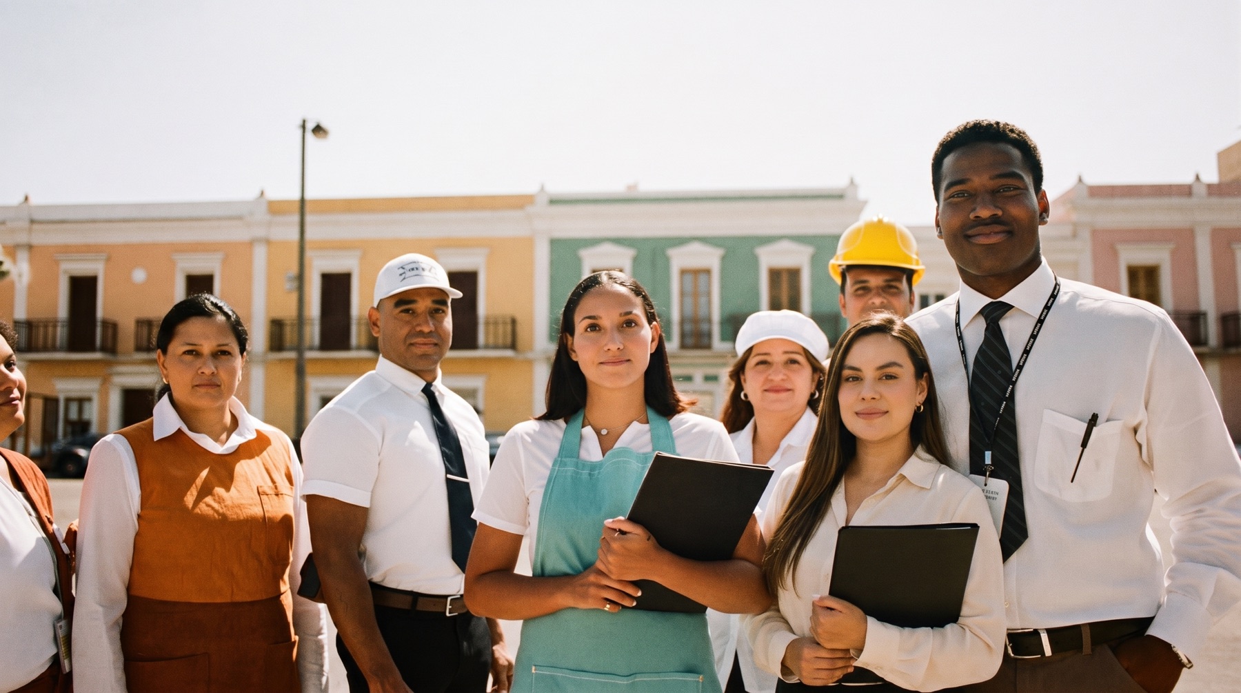 Trabajadores colombianos de distintos oficios —servicio doméstico, construcción, vigilancia y oficina— frente a las fachadas de colores de un pueblo del Quindío.